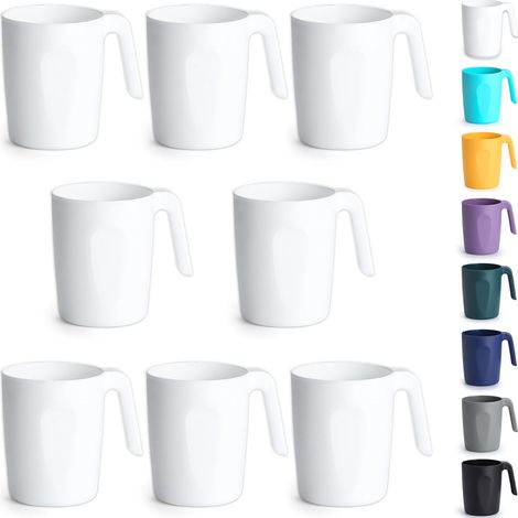 Set de 8 Gobelets, Poignées intégrées, Plastique blanc, 450ml, Réutilisable, Micro-ondes, Maison Jardin Camping (1/5)