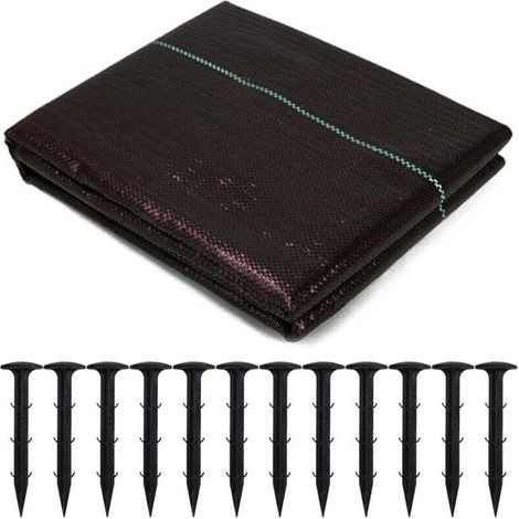 pair Tissu de contrôle des mauvaises herbes tissé 13m + 12pcs piquets de sol en plastique 11cm (1/4)