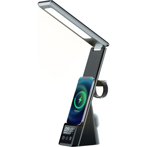 lámpara LED 7 en 1, cargador inalámbrico de 15 W, puerto USB, reloj, alarma, plegable, para oficina o habitación de estudiante. (1/5)