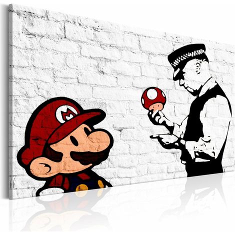 Tableau Mario Bros sur briques blanches Banksy - 120 x 80 cm