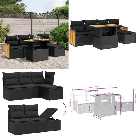 Salon de jardin 6 pcs avec coussins noir résine tressée - Ensemble Salon De Jardin - Mobilier Extérieur - Résine Tressée - Rotin Synthétique - Table Extensible - Home & Living (1/5)