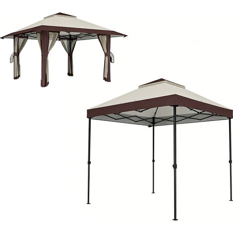 2er-Set pavillon 4x4m Wasserdicht Höhenverstellbar Pop-up Faltpavillon mit Netzwänden UV 50+ Faltbar Partyzelt Gartenzelt mit Tragetasche Sandsäcke Gartenpavillon für Camping Garten Festival, Beige