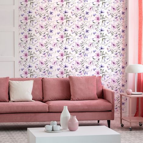 Papier peint intissé pré-encollé - FLEURS ROSES ET VIOLETTES - 1 rouleau de 300x60cm (1/5)