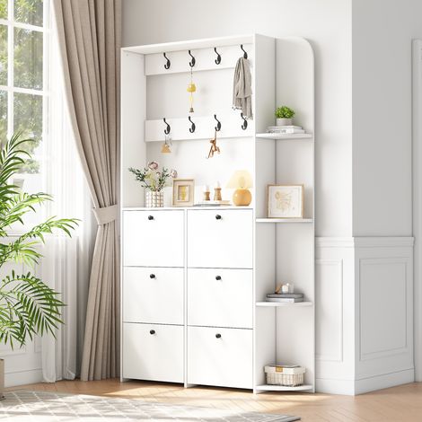 LEDANDER 120 x 24 x 200 cm, porte-manteau d'entrée, meuble à chaussures multifonctionnel 3 en 1, 8 crochets, armoire compacte, meuble de salon avec 5 étagères, blanc (1/5)