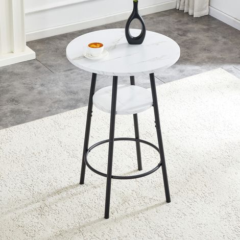 Tavolo da bar rotondo con effetto marmo, ripiano contenitore, telaio metallico nero, en bianco, 60x60x89 cm (1/5)