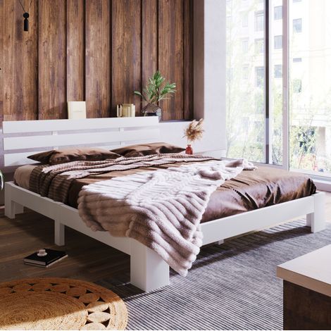 Letto matrimoniale in legno massello di pino bianco 140x200 cm con testiera e rete a doghe inclusa (1/5)