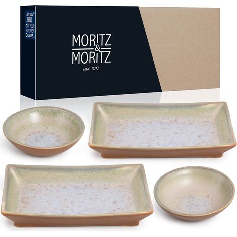 Lot de 4 pièces de vaisselle à sushi pour 2 personnes – Set de service à sushi avec 2 assiettes à sushi et 2 bols à sushi – Beige/violet avec vernis réactif (1/5)