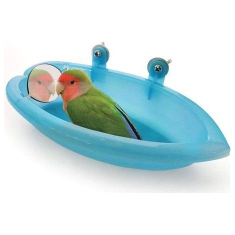 Longziming - Bain d'oiseaux - Abreuvoir - Fontaine douche pour oiseaux - 1 pièce - Plastique bleu - Avec miroir - 18,7 x 10 x 3,5 cm - Convient aux perruches, inséparables, calopsittes et petits oisea (1/5)