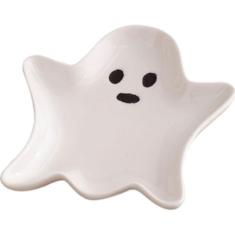 Leicht zu reinigende, weiße Keramik-Schmuckschale in Geisterform zur übersichtlichen Aufbewahrung während Halloween, als Dekoration für Schlafzimmer oder Schminktisch. (1/5)