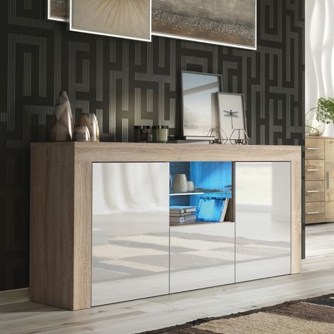 Aurora Sideboard 145cm - Oak with White Gloss Doors & LED (1/5)
