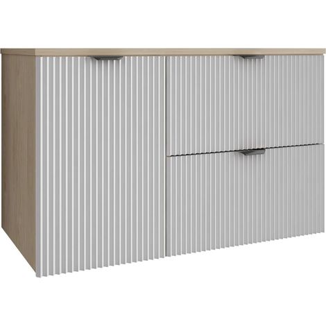 Mobile da bagno con frontale scanalato 100 cm (60+40) con cesto portabiancheria, noce chiaro (MDF), frontale bianco, maniglia nera, 100 x 47 x 60 cm (1/5)