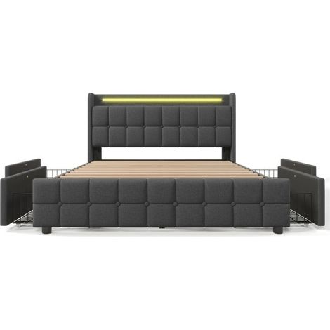 Lit 180x200 rembourré gris avec LED, ports USB, 4 tiroirs et sommier — cadre métal, sans matelas (1/5)