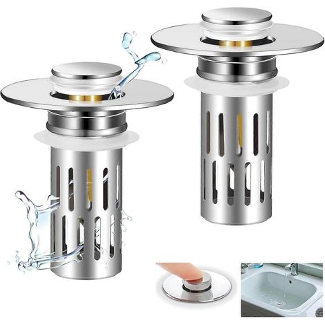 Lot de 2 bouchons de vidange universels à clapet pour lavabo avec filtre à cheveux, pour canalisations de 1,06 à 1,50 pouce (1/5)
