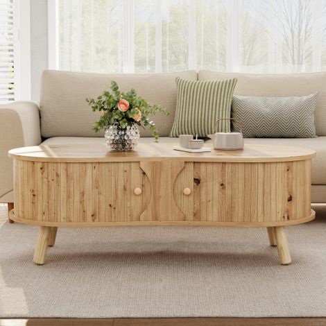 Table basse en forme de haricot à finition rainurée, 2 portes coulissantes, table de salon, finition effet bois, pieds en bois massif, matériau MDF.
