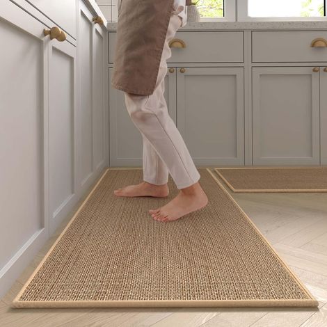 Lot 2 Tapis Cuisine 44x75+44x120cm, Sisal/Jute, Antidérapants/Lavables, Dos Caoutchouc Naturel