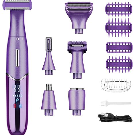 Rasoir Electrique Femme, 6 en 1 Rasoir Sans Fil pour femmes, pour Visage, Bras, Jambes, Aisselles, Bikini, Affichage LED, IPX6 étanche et USB rechargeable, Violet (1/5)