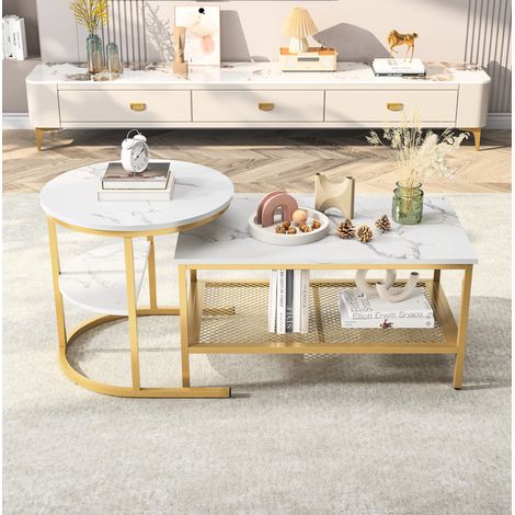 Mesa auxiliar nido (89x57x11 cm), diseño de lujo ligero, almacenamiento multicapa, madera y acero inoxidable, dorado (1/5)