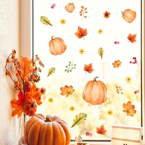 Décor fenêtre anti-collision oiseaux - 1 sticker statique décoratif magnifique, motif feuilles de citrouille et fleurs, adhésif sans colle pour vitres (1/5)