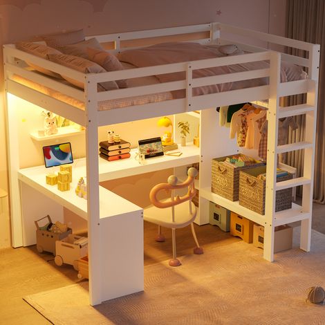 Cama alta 90x200 cm en madera blanca con escritorio integrado, estanterías, LED y puertos USB (1/5)