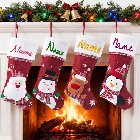 4 Pcs Chaussettes de Noël personnalisées avec nom – Grande Chaussette de Noël à Suspendre 48 cm brodée – Chaussette Noël Personnalisable pour cheminée, Cadeau Familial Festif (1/5)