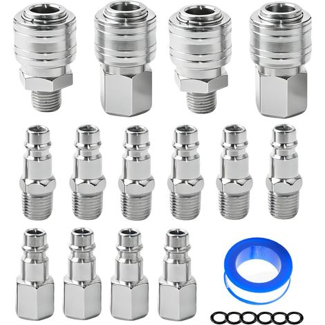 14 PCS Rapide de Compresseur 1/4"BSP Raccordement du Soufflette Air Comprimé Raccords de Compresseur Raccords de Tuyau Connecteur Homme Femme (1/5)