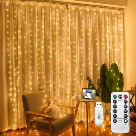 Guirlande Lumineuse Rideau, Rideau Lumineux USB 300 LED 3m3m 8 Modes d\'Eclairage Decoration de Fenêtre Noël Mariage Patio