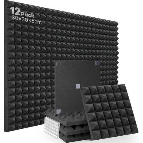 Panneaux insonorisants ignifugés haute densité (12 pièces par paquet), mesurant 30x30x5 cm, adaptés aux studios d'enregistrement, aux bureaux et aux salles de jeux. (1/5)