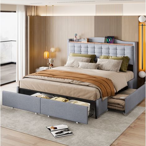 Letto imbottito in tessuto effetto lino grigio 160x200 cm con USB, mensola testiera, 4 cassetti e rete a doghe (1/5)