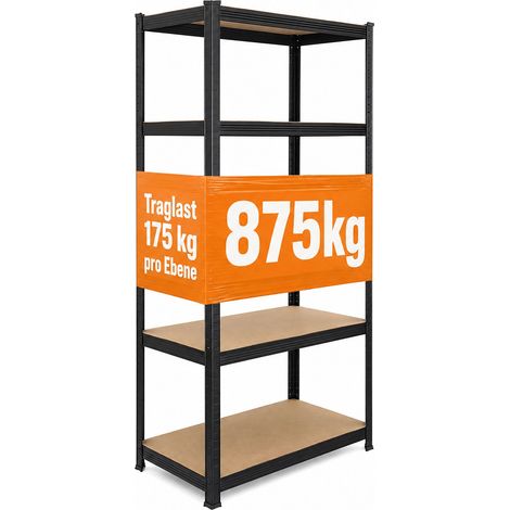 Relaxdays Schwerlastregal, HxBxT: 200 x 90 x 60 cm, 875 kg, 5 Ebenen, Lagerregal Keller, zum Stecken, schwarz/braun (1/5)