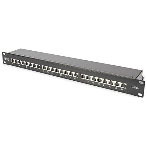 Digitus Patchpanel CAT 6A RJ45, 8P8C m RJ45-Schirmung (verzinntes Bronze) Geeignet für 483 mm (19") Schrankmontage Übertragungseigenschaften: Kategorie 6A, Klasse EA Anwendungsbereich: Bis zu t
