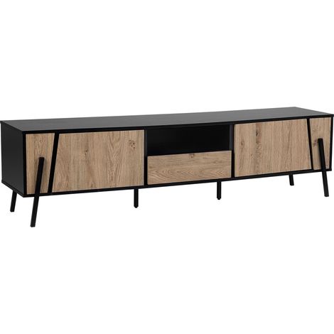 Beliani – Meuble TV industriel en métal noir et bois clair – 2 portes et 1 tiroir – Dimensions 177x40x46cm – Rangement pour équipements audiovisuels (1/5)