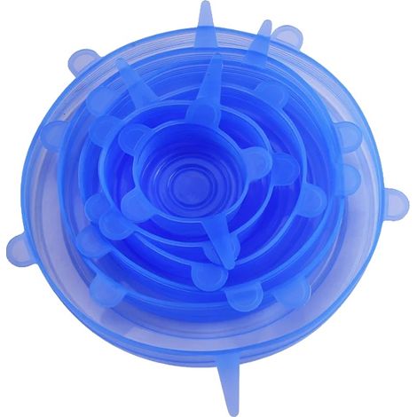 Tapas reutilizables de silicona para almacenar alimentos, diseño hermético, color azul, paquete de 6 unidades. (1/2)
