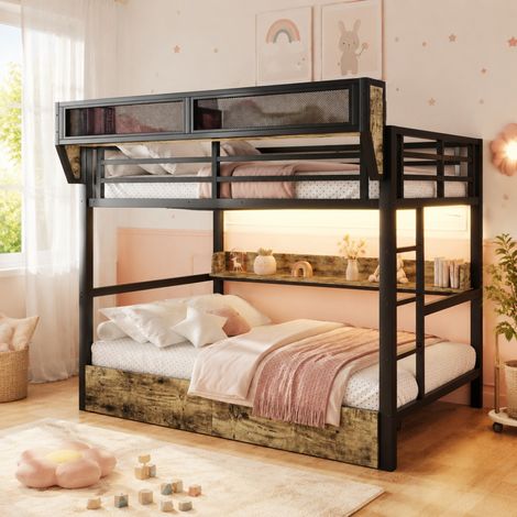 Lit mezzanine 140x200 cm métal MDF noir rangement LED gain de place sans matelas – MEUBLIV (1/5)