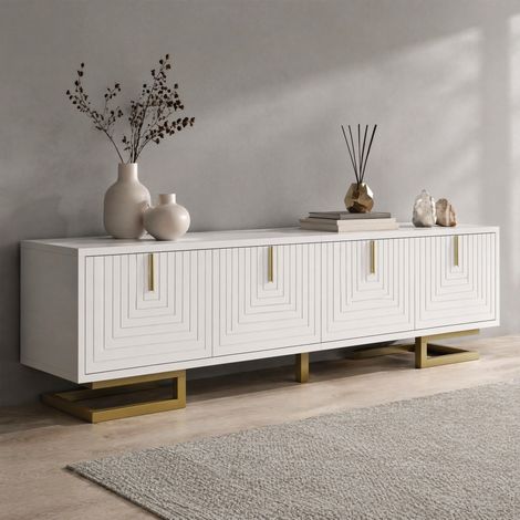 Meuble TV 160 cm blanc à portes structurées, poignées et pieds dorés OKMYHOME (1/5)