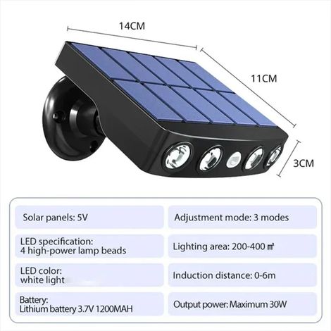 (Lot de 2 - 4 LED) Lampes solaires de sécurité puissantes à 4 LED avec détecteur de mouvement, 3 modes d'éclairage, étanches, pour éclairage extérieur, éclairage de travail nocturne et compatible avec (1/5)