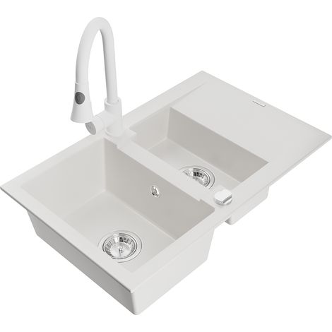 Mexen Gaspar 1,5-Becken-Granitspüle mit Abtropffläche und Mischbatterie Elia, Weiß - 6507-20-670101-