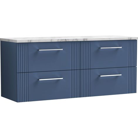 Belvide Partial Fluted 4 Drawer Wall Hung Vanity Unit with Carrera Marble Laminate Worktop - 1200mm - Satin Blue