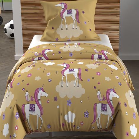 Parure Housse de Couette 120x150 cm Licornes Jaune, 100% Coton 57 Fils/cm2 (1/5)