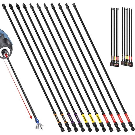 Set de 11 Embouts de Visseuse Résistants aux Chocs PH/PZ/Torx/SL, Longueur 300 mm, Tige Hexagonale 1/4", Acier Allié S2, Embouts Magnétiques, Code Couleur (1/5)
