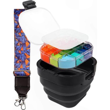 Palette étanche portable pour peinture acrylique, bassin à pinceaux pliable avec couvercle et sangle, kit de voyage compact, boîte de mélange hermétique pour artistes. (1/4)