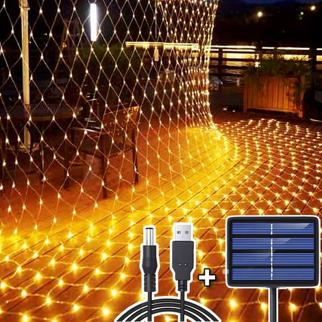 204 LED Filet Lumineux Solaire, 3M2M Guirlande Lumineuses Filet Solaire/USB Alimenté, Rechargeable Balcon Clôture Maille d'Éclairage, Lumières Corde Fée Etanche Romantique Déco Noel, Blanc Chaud