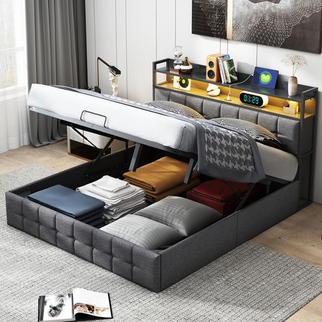 Lit coffre 140 x 190 cm avec sommier,lit 2 personnes avec rangement,LED et ports USB,lit 140x190 avec sommier à lattes bois,lit double pour adulte, linge, gris (1/5)