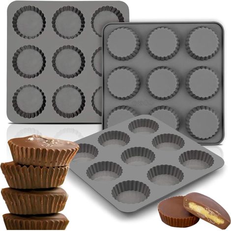 Moule à mini-tasses chocolat-amande-beurre de cacahuète (3 pièces) - Plateau à 9 mini-tasses en silicone pour biscuits, bonbons, brownies, gelées, truffes (1/3)
