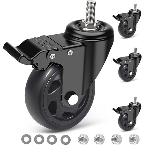 100MM Roulettes pour Meubles Tige Fileté M10 x 1,5 x 30 mm, Lot de 4 Roulettes Pivotantes avec Frein, Double Roulement à Bille Roulette Charge Lourde Rotation à 360°, Jusqu'à 550KG (1/5)