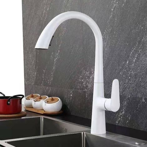 Robinet de Cuisine Extractible avec Douchette Pivotant 360° Double Fonction Monotrou Laiton Poignée Unique Blanc (1/4)