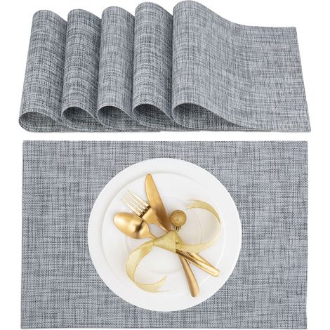 Relaxdays Place Mat Set, 6x Coaster, Tableware, Drinks, Table Protector, Square, 45 x 30 cm, Polyester, Stylish, Grey (1/5)