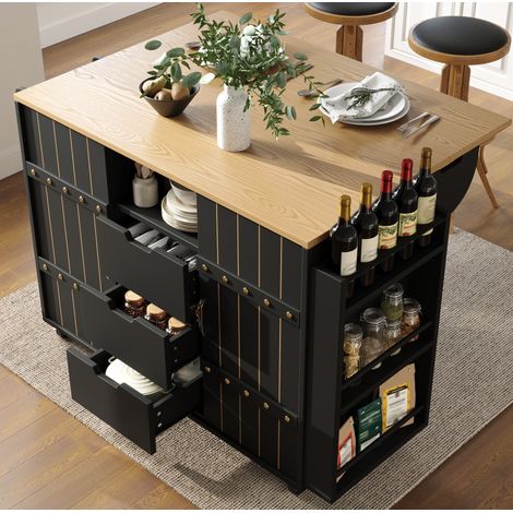 Isola da cucina 110x42x90 cm nera in MDF con piano ribaltabile, ante scorrevoli, cassetti e ruote (1/5)