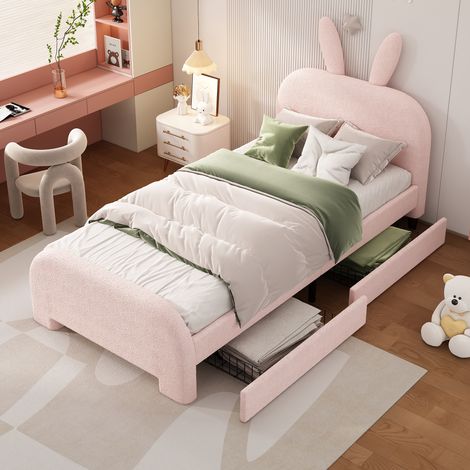 Lit Enfant Simple avec 2 Tiroirs et Tête de Lit Lapin, 90 × 200 cm, sans Matelas, en Peluche et MDF, Rose