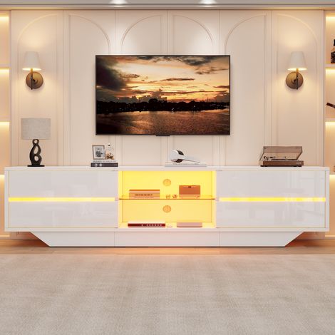 Meuble TV bas 160x35x44,5 cm Banc TV 2 portes avec LED RGB, niche centrale, façades brillantes, passe-câbles, panneaux de particules, blanc (1/5)