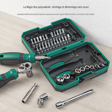 Coffret multifonction de 40 pièces : douilles et embouts de vissage – Clé à cliquet 1/4" à couple élevé (1/5)